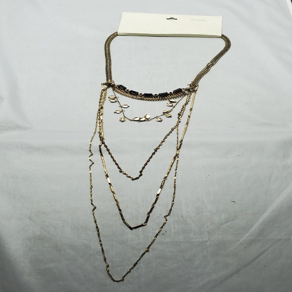 Festive Antique Gold 5 Strand Necklace With Black Stones